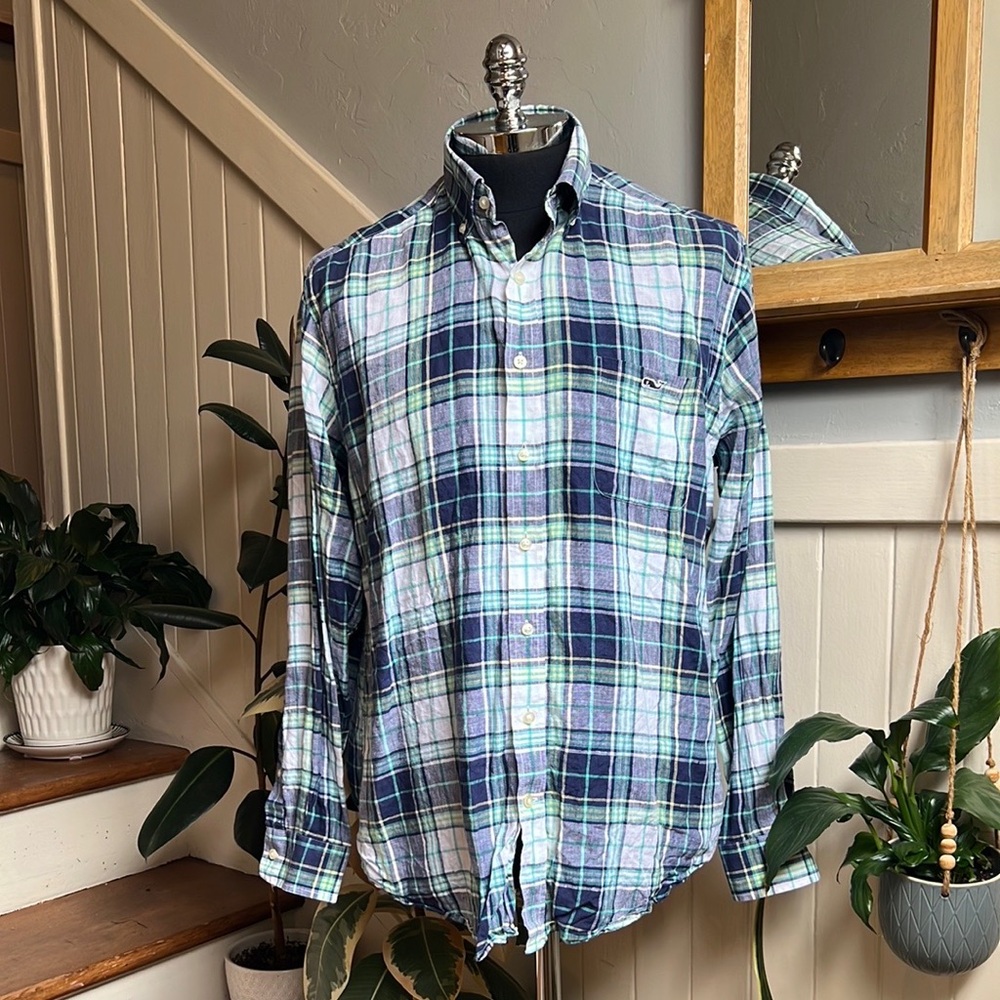 Vineyard Vines Slim Fit Tucker Shirt 100% Linen in Blue and Green